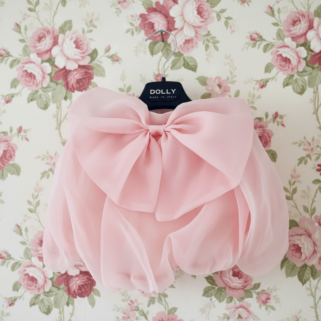 Pink blouse with a large bow on a hanger against a floral background