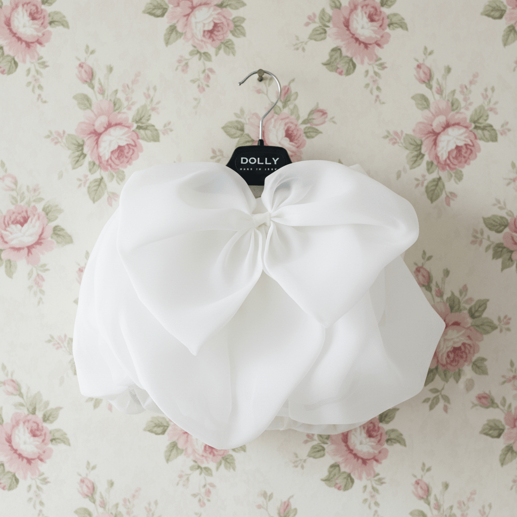 White bow on a hanger with a floral wallpaper background