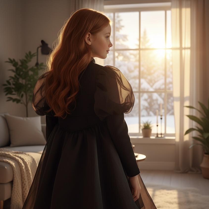 Woman in a black dress standing in a room with a large window, looking out at a snowy landscape.