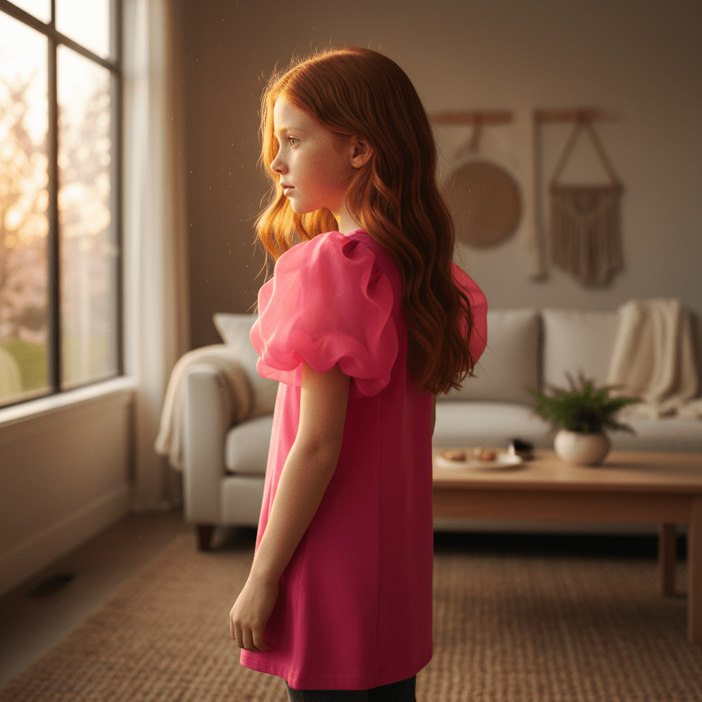 Young girl in a pink shirt standing in a cozy living room with a window in the background.