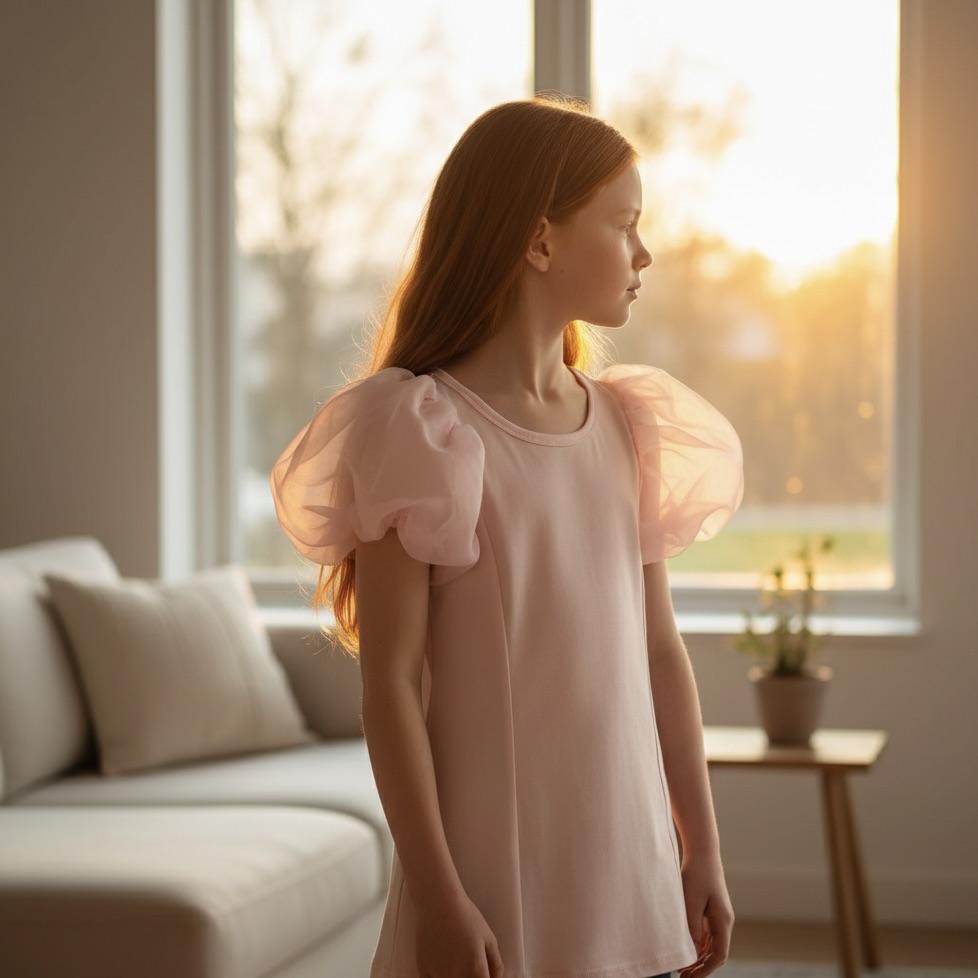 Woman in a white dress standing in a room with a large window, sunlight streaming in.
