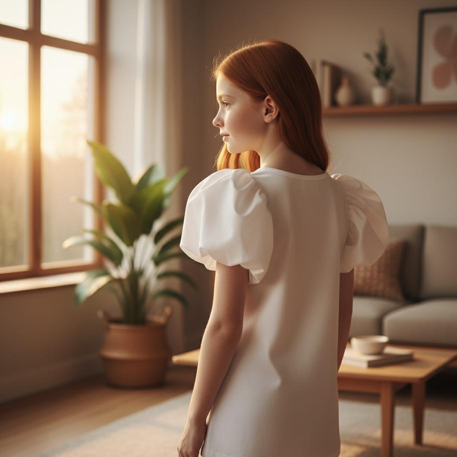 Woman in a white dress standing in a sunlit room with plants and a sofa.