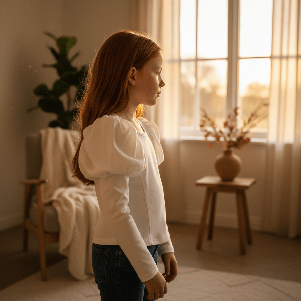Young girl in a white blouse standing in a softly lit room with a window in the background.