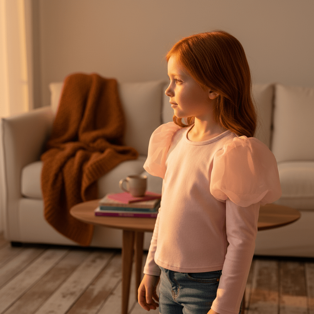 Young girl standing in a cozy living room with a warm ambiance