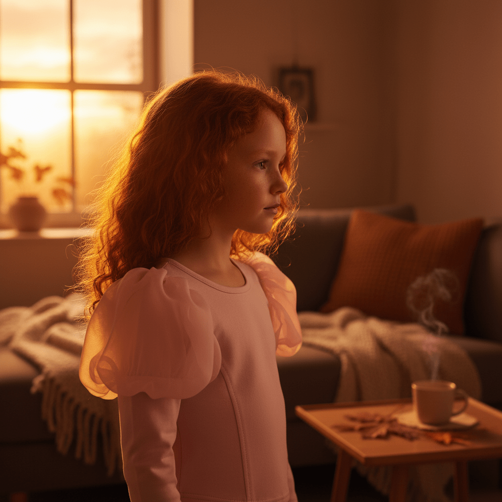 Young girl in a pink dress standing in a cozy room with warm lighting.
