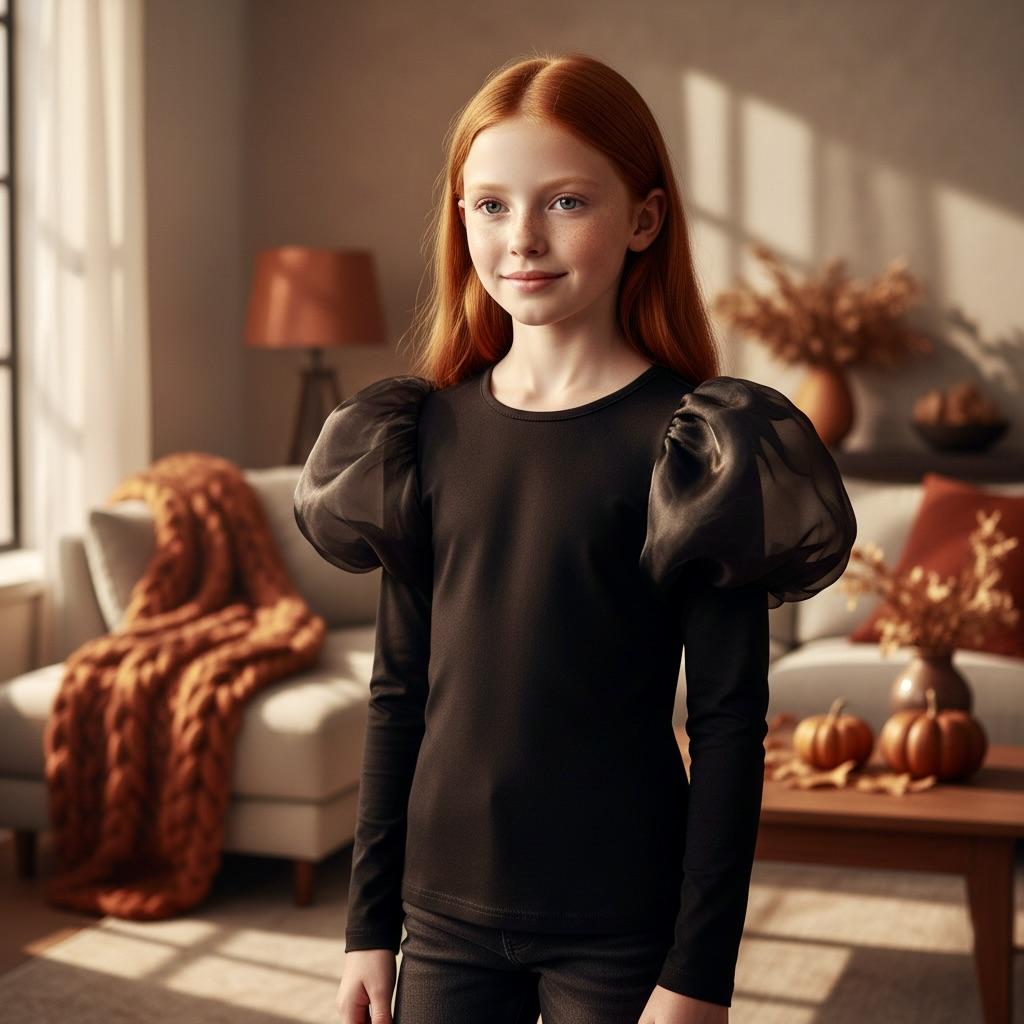 Young girl in a black outfit standing in a cozy living room with autumn decorations.