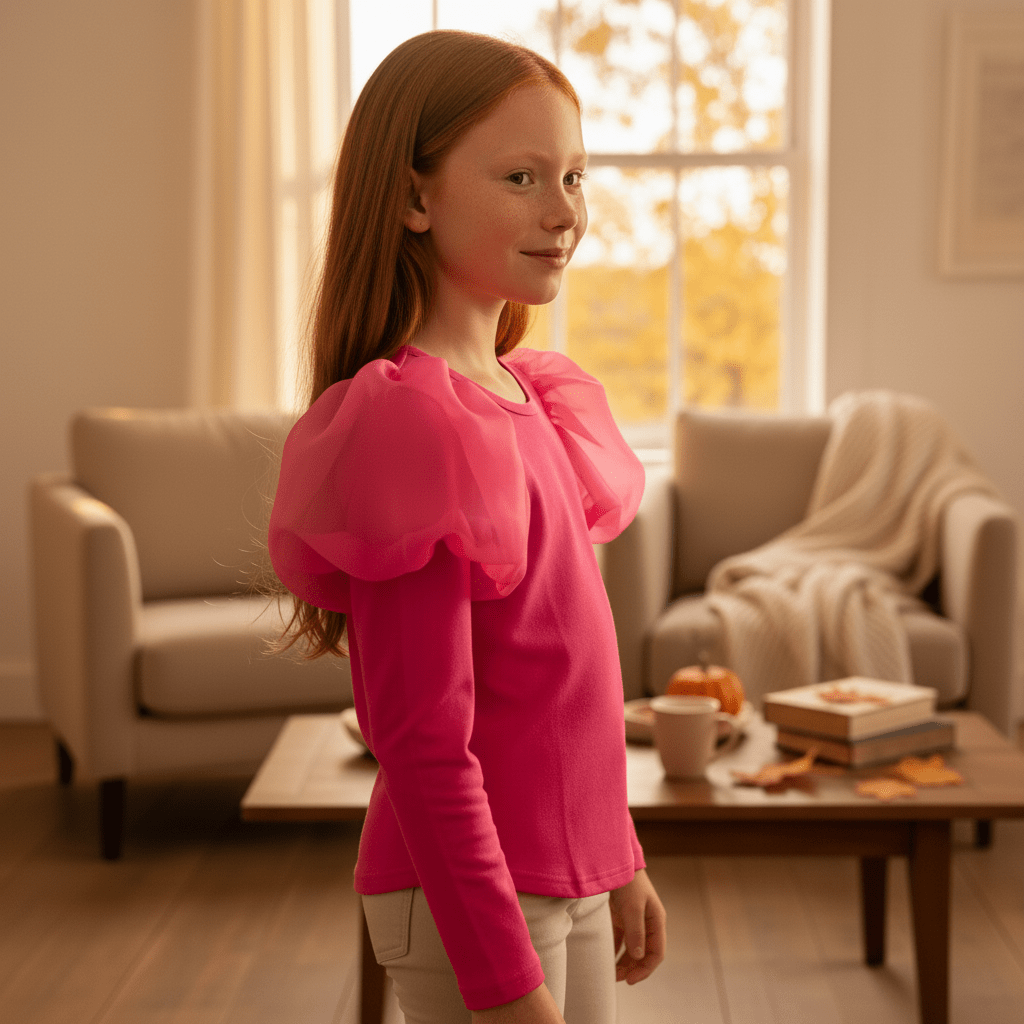 Young girl in a pink shirt standing in a cozy living room.