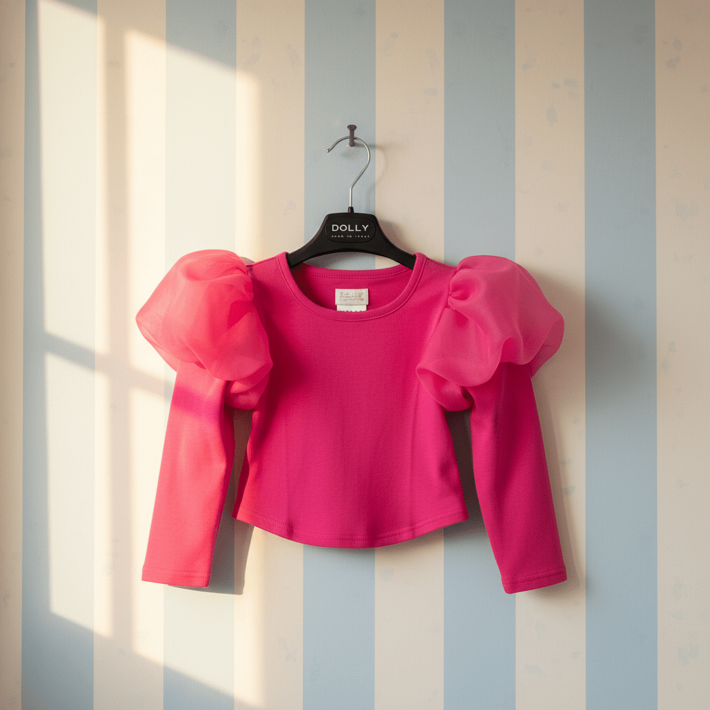 Pink top with puff sleeves on a hanger against a striped wall.