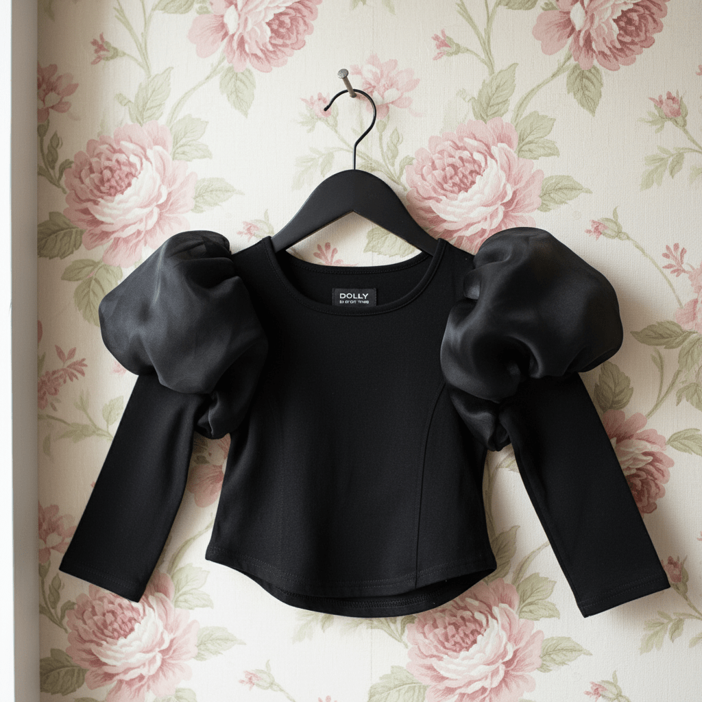 Black top with puff sleeves on a hanger against a floral wallpaper background