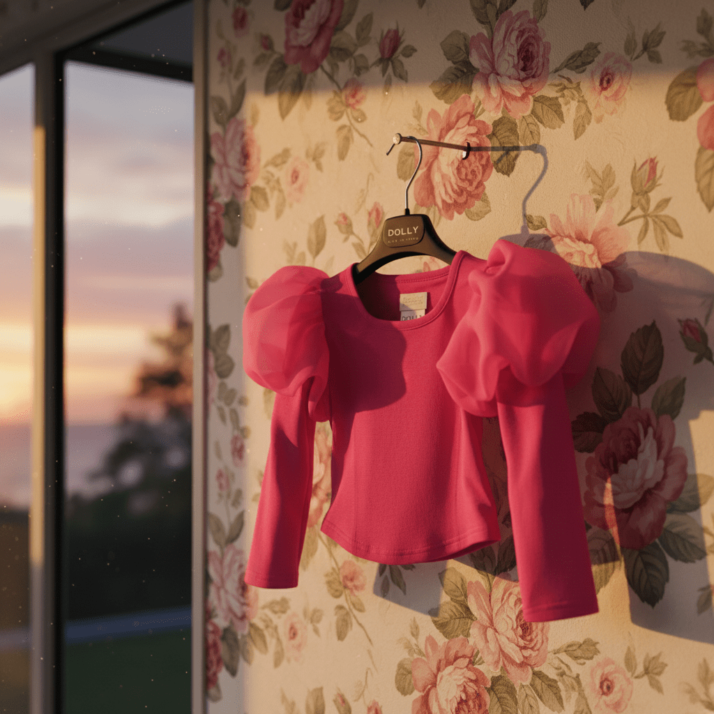 Pink top with puffed sleeves hanging on a floral-patterned wall
