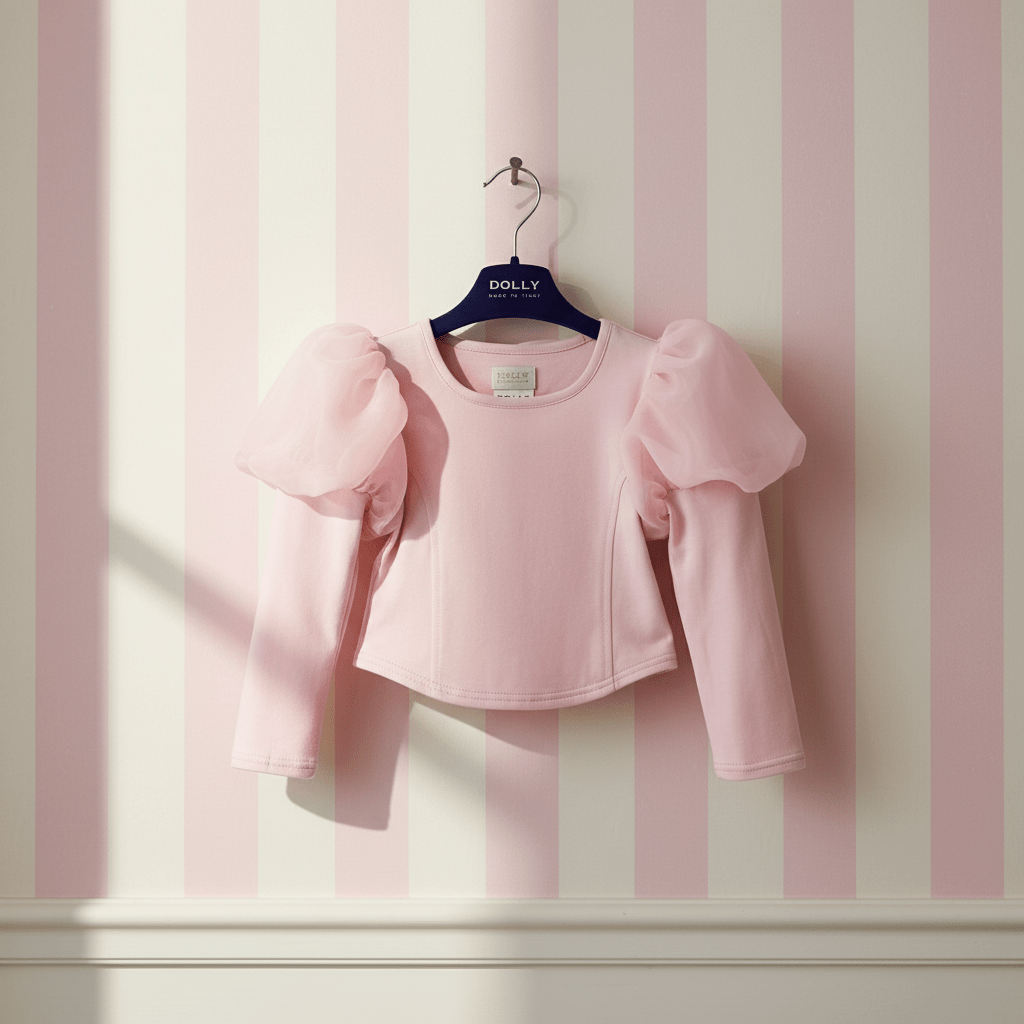 Pink sweater with puff sleeves on a hanger against a striped wall.