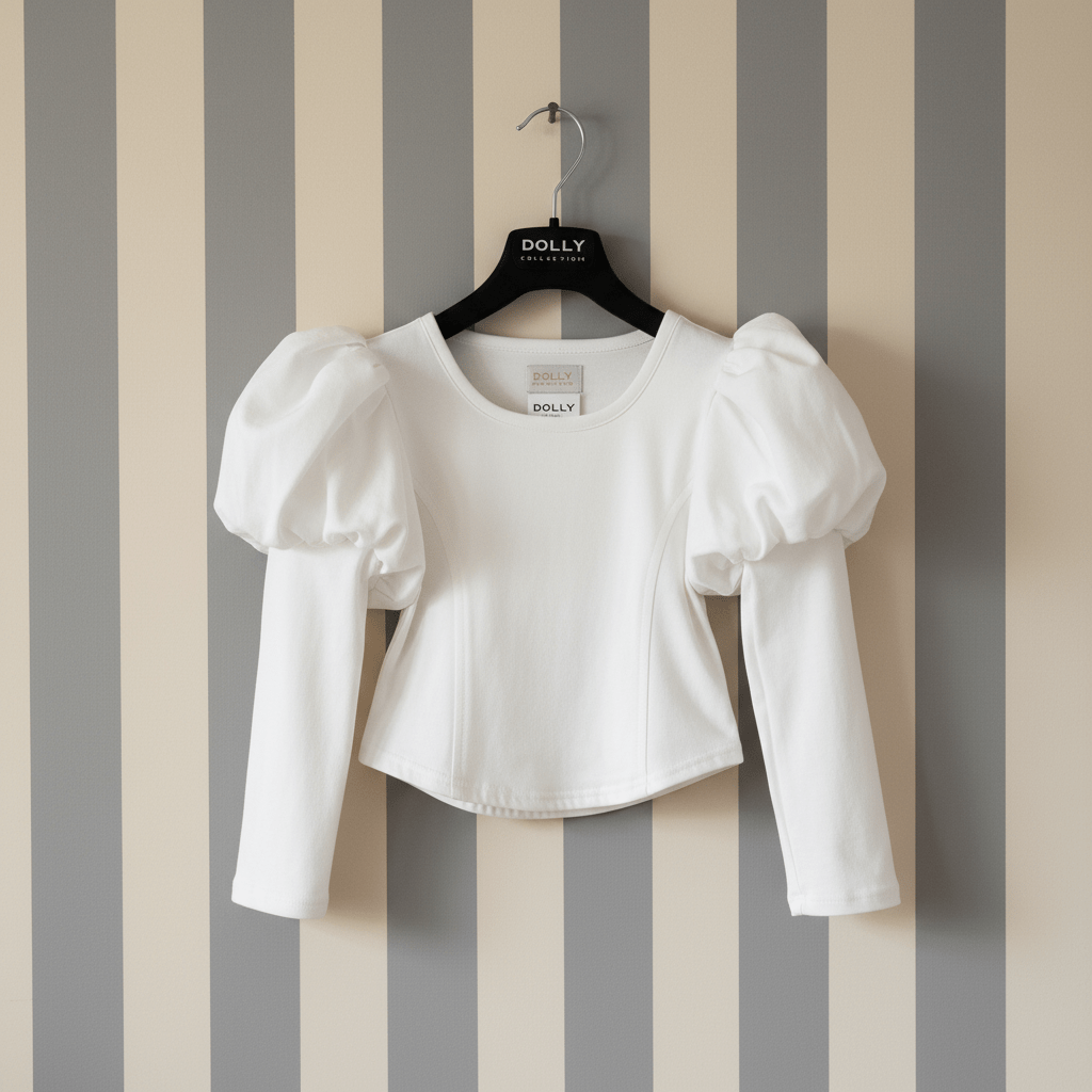 White blouse with puff sleeves on a hanger against a striped wall.