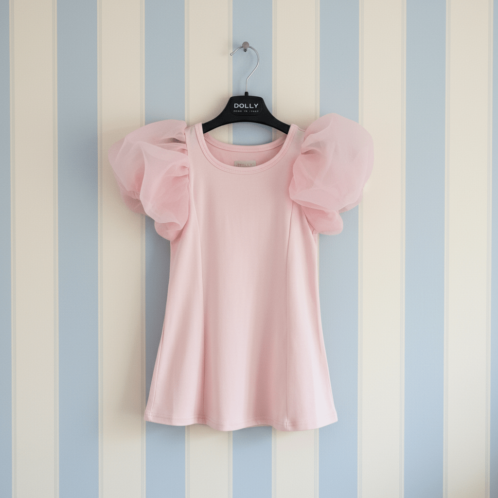 Pink top with puff sleeves on a hanger against a striped background