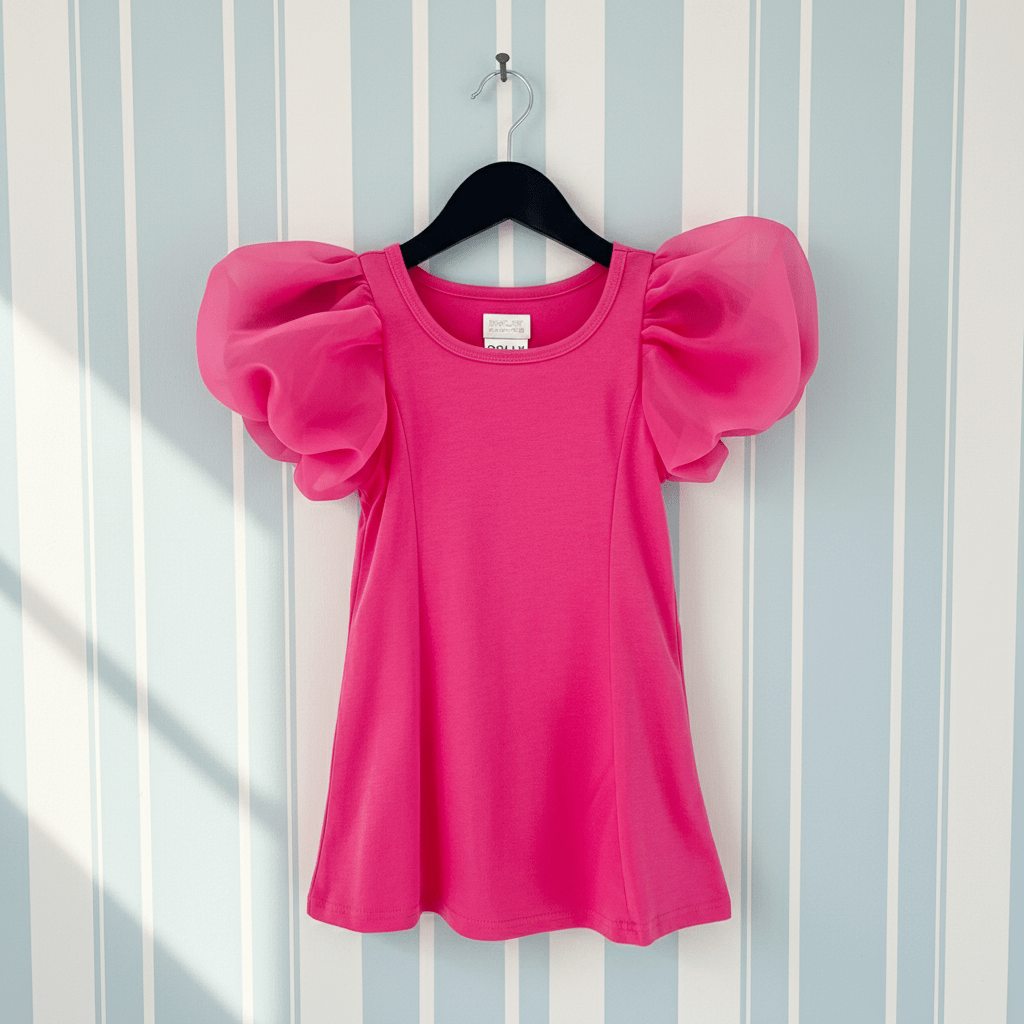 Pink blouse with puff sleeves on a hanger against a striped wall.