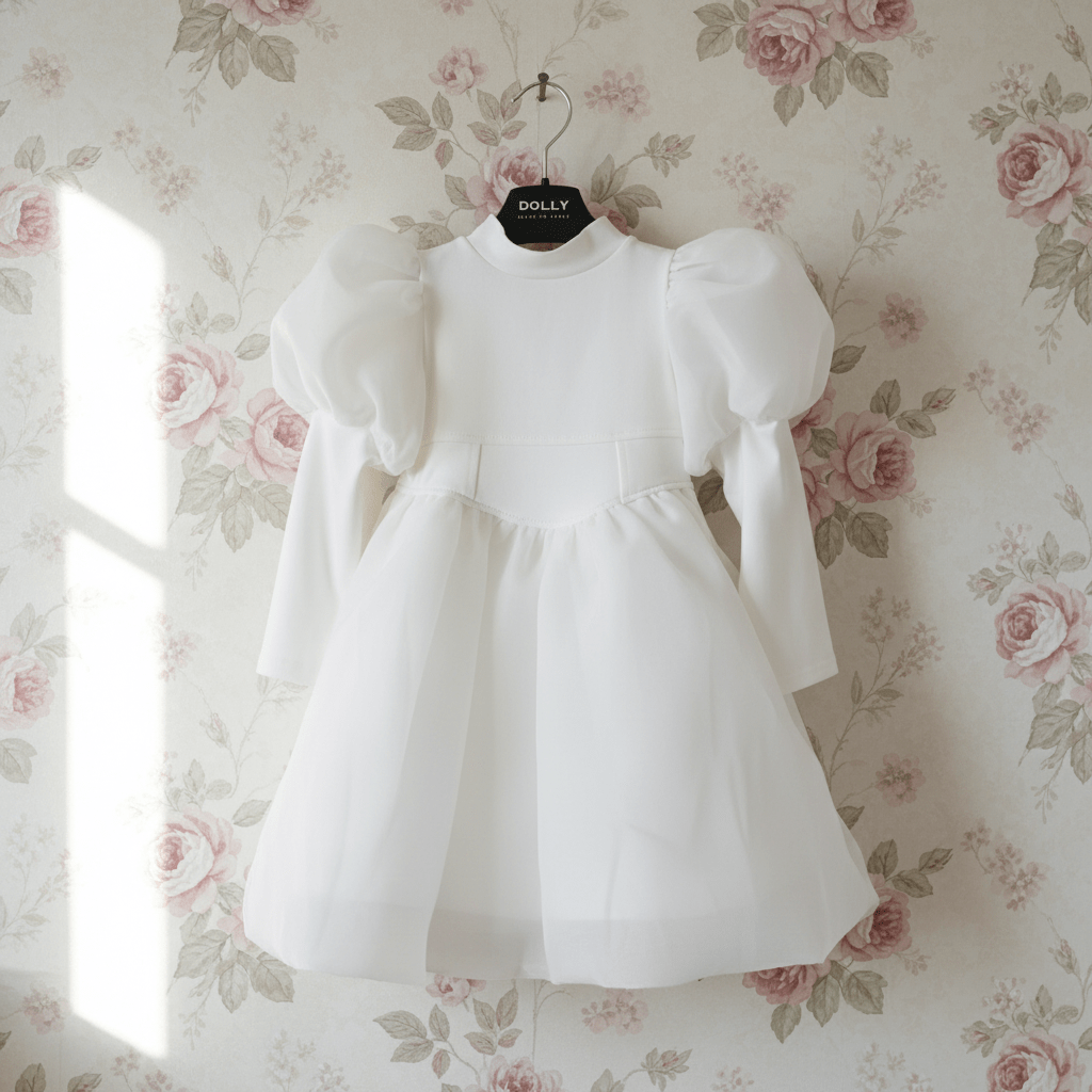 White dress with puff sleeves hanging on a floral wallpapered wall