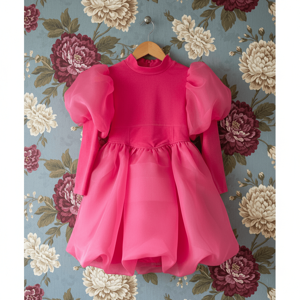 Pink dress with puffed sleeves on a hanger against a floral wallpaper background