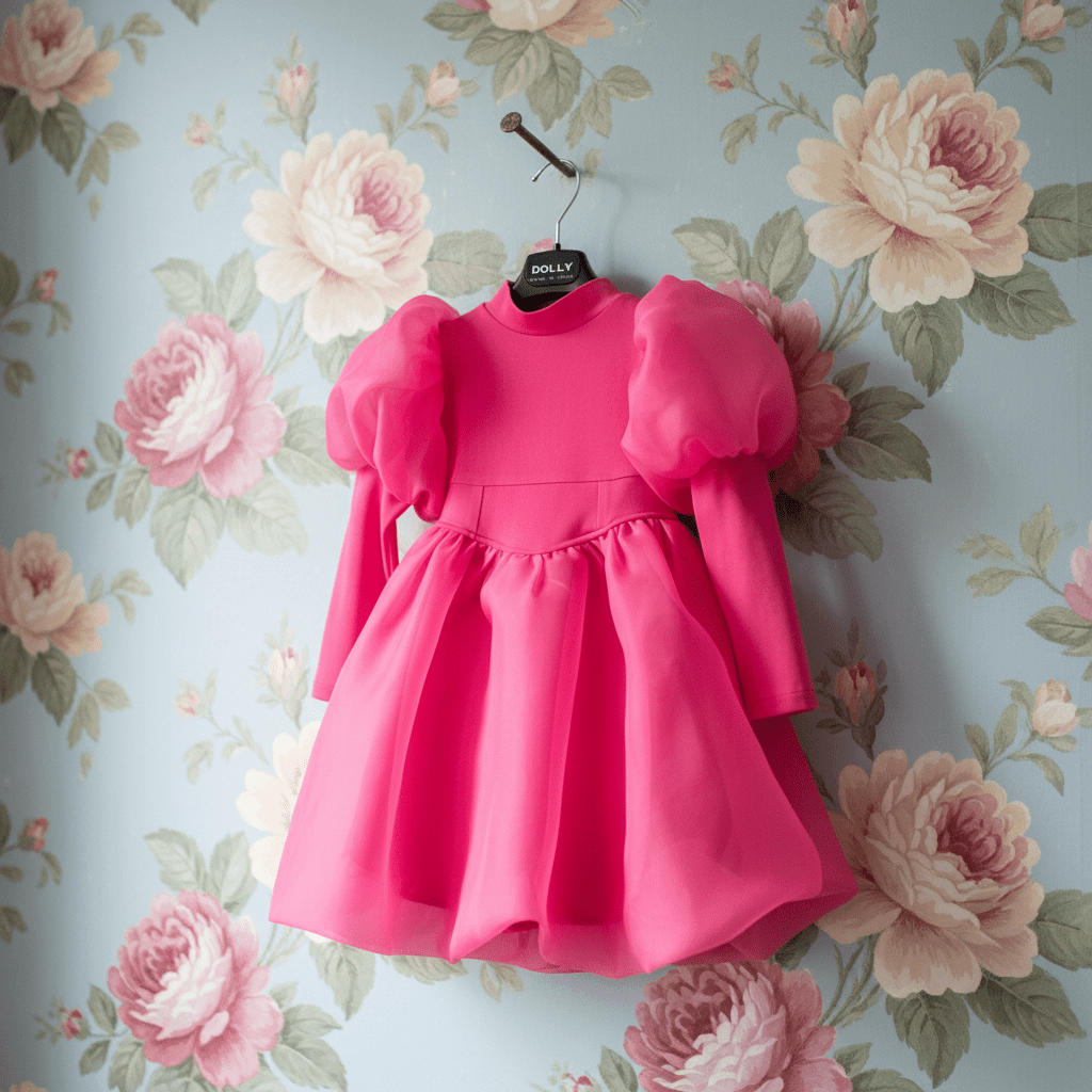 Pink dress on a hanger against a floral wallpaper background