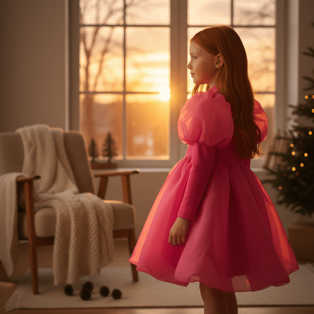 Young girl in a pink dress standing in a cozy room with a sunset view through the window.