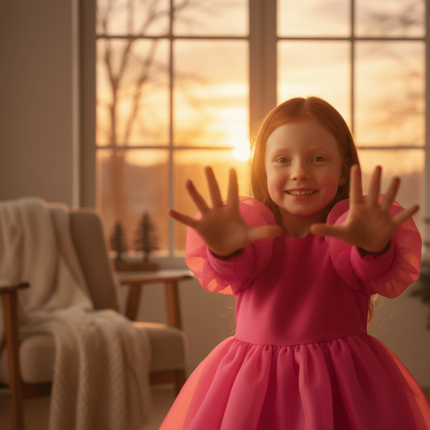 Young girl in a pink dress showing her hands in a room with a large window at sunset.