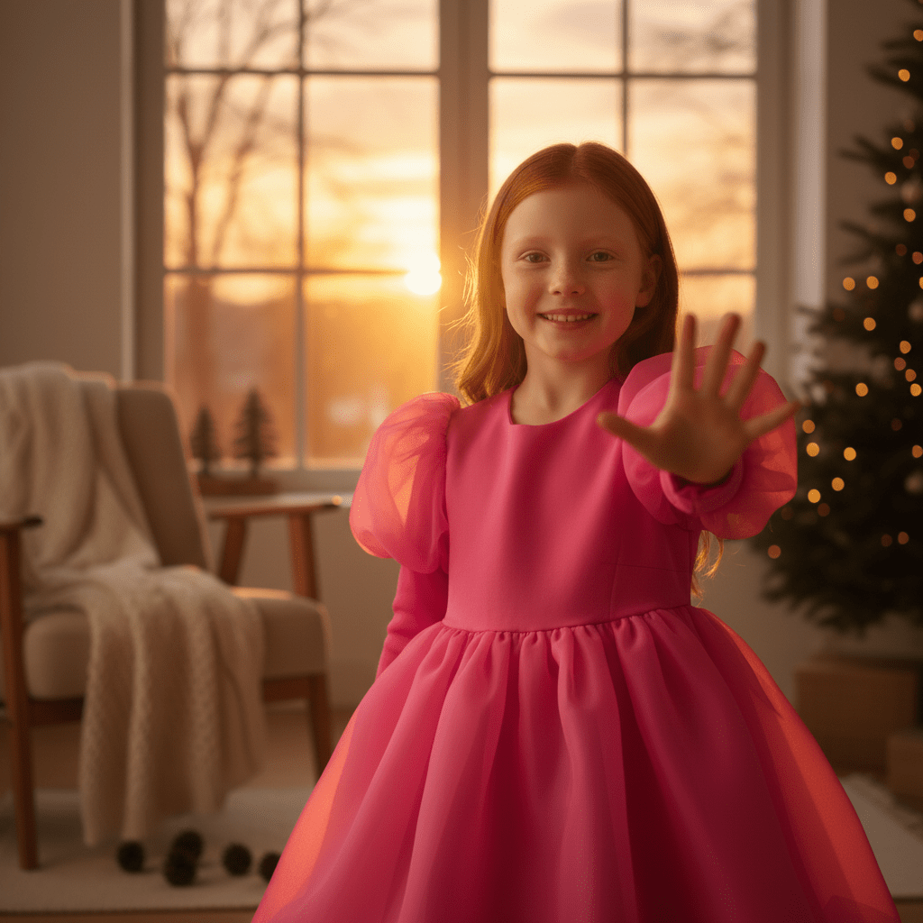 Young girl in a pink dress waving at the camera in a cozy room with a Christmas tree.