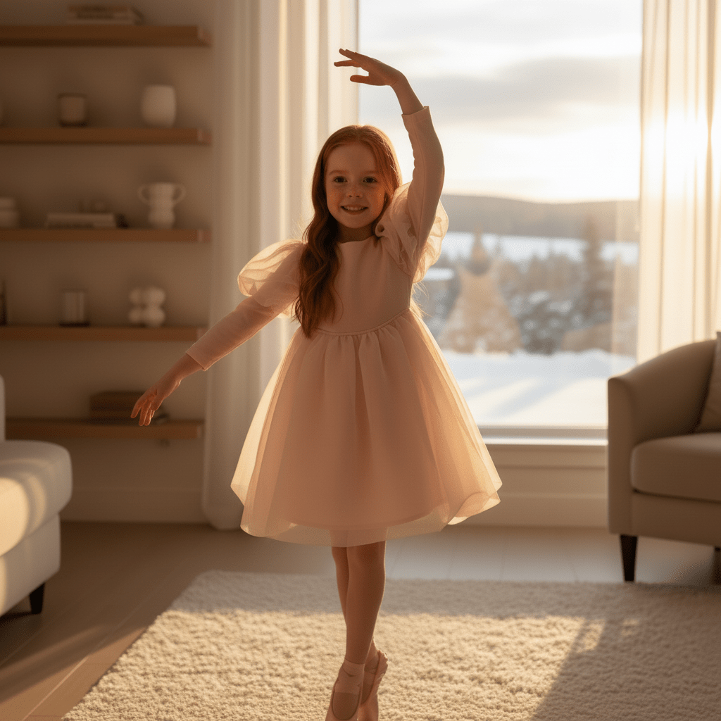 Young girl in a pink dress dancing in a sunlit room with shelves and a window in the background.