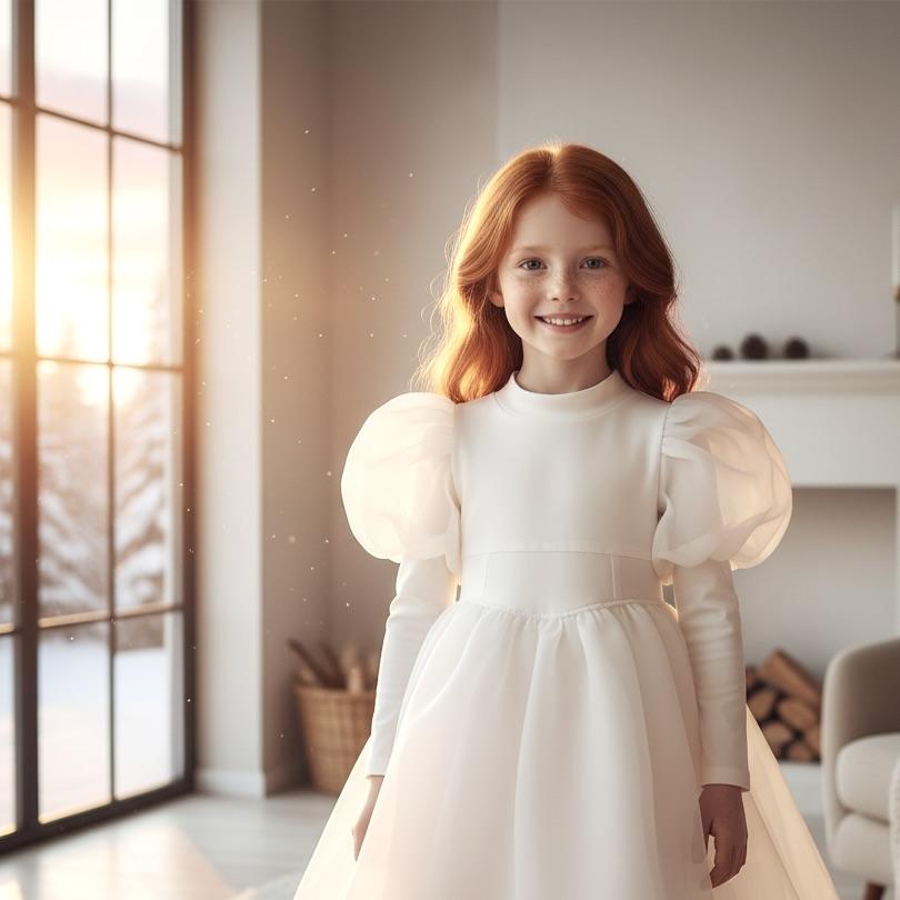 Young girl in a white dress with puffed sleeves standing in a bright room.
