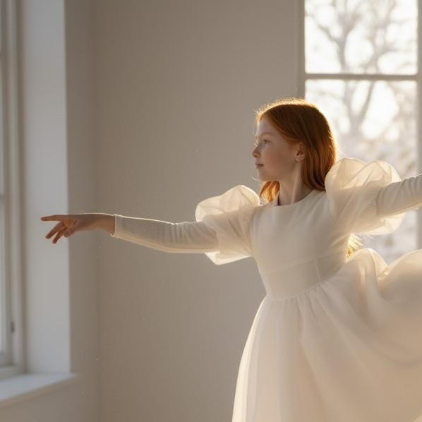 Woman in a white dress standing in a softly lit room with a window in the background