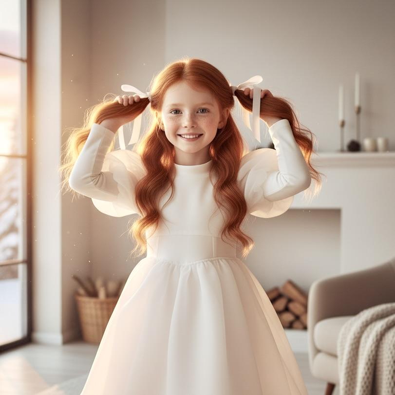 Young girl with red hair styled in pigtails wearing a white dress in a bright room.
