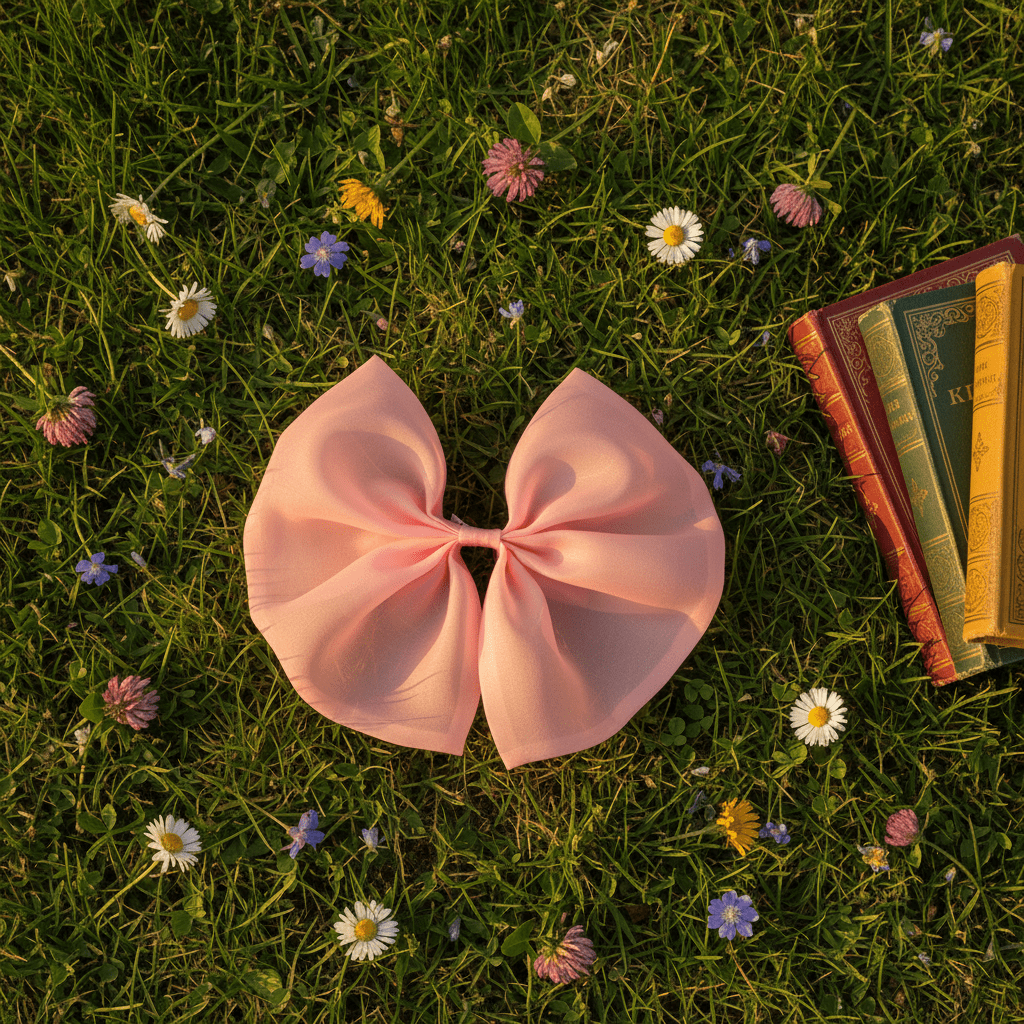 Pink bow on grass with books and flowers