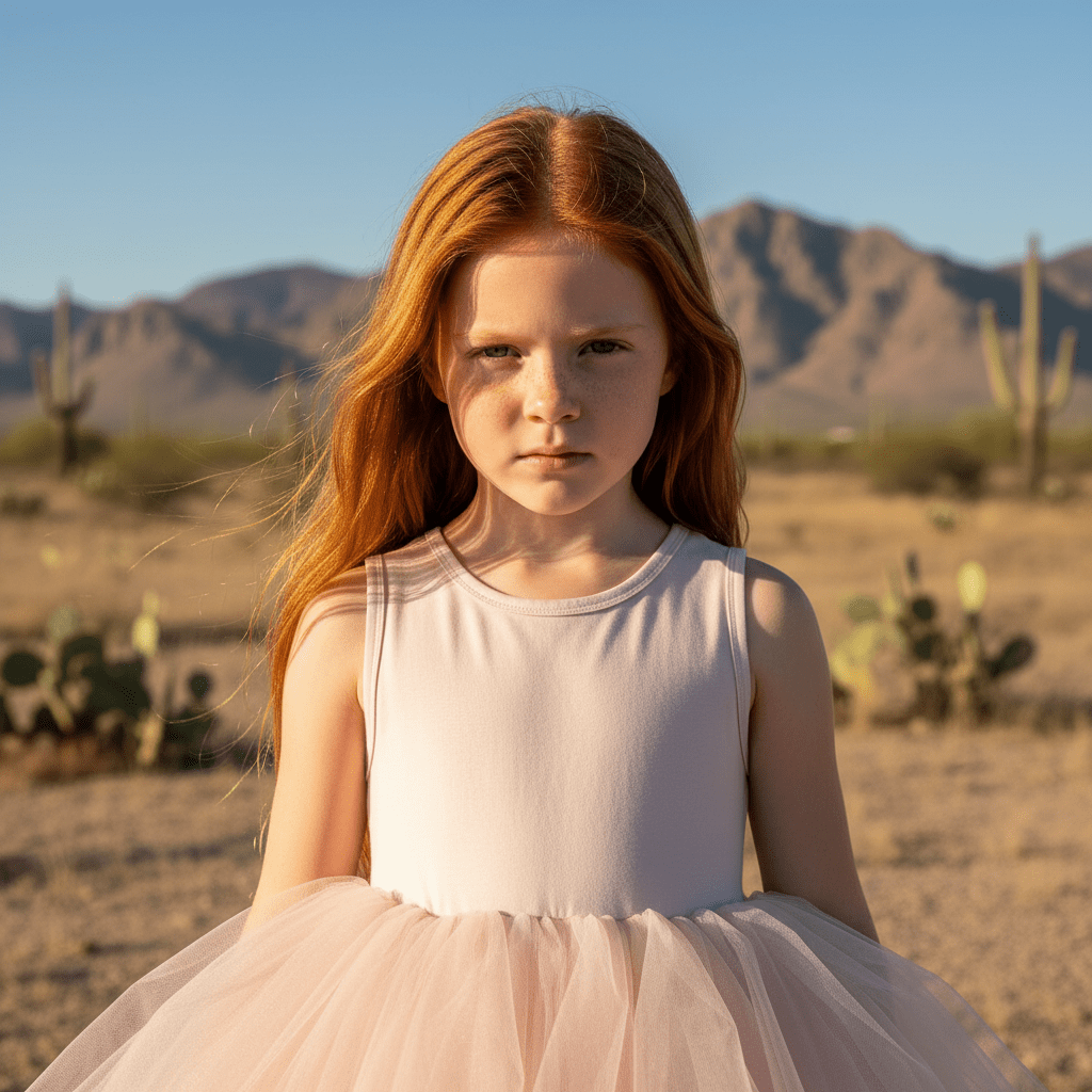 Young girl in a pink dress standing in a desert landscape with mountains in the background