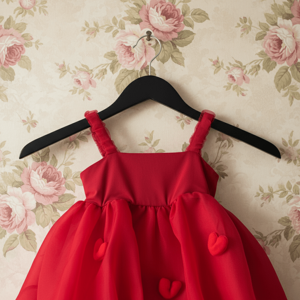 Red dress with heart details on a hanger against a floral wallpaper background