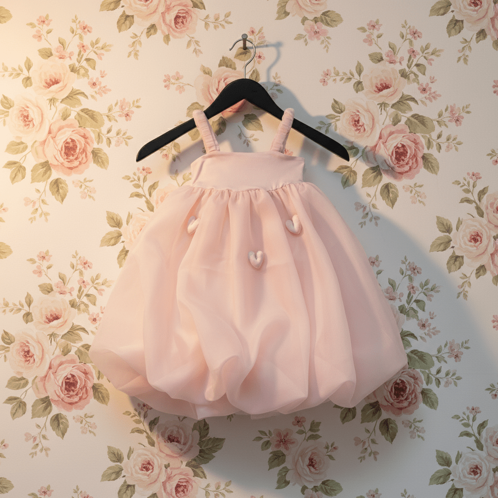 Pink dress hanging on a hanger against a floral wallpaper background