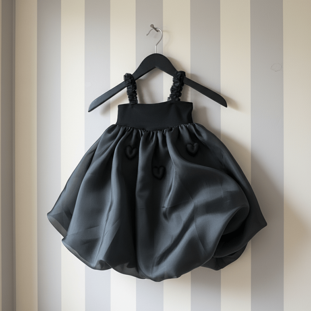 Black dress on a hanger against a striped wall