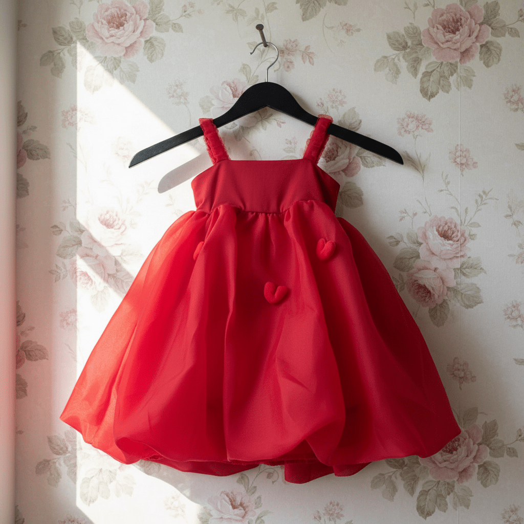Red dress on a hanger against a floral wallpaper background