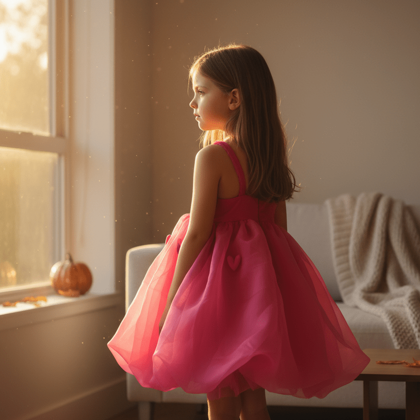 Young girl in a pink dress standing by a window with warm lighting