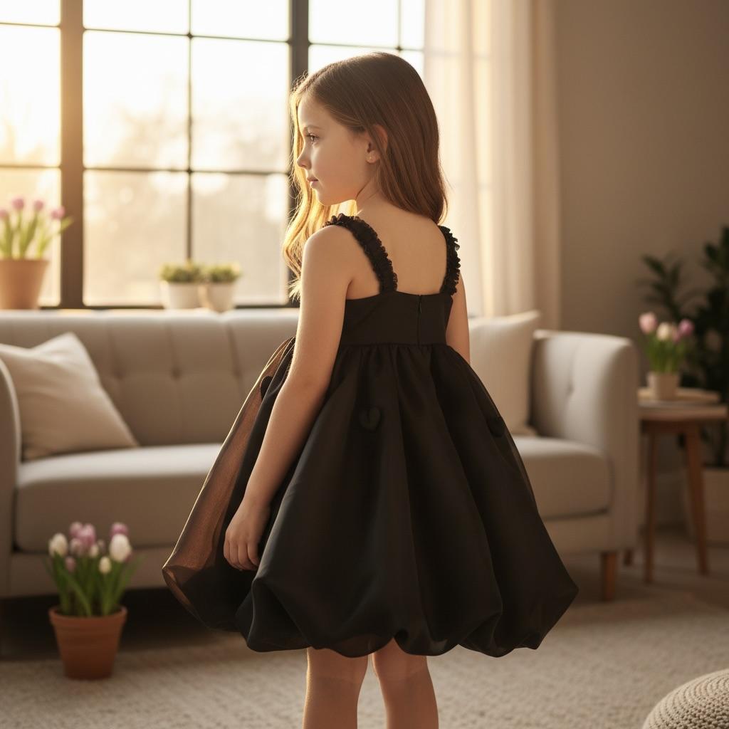 Young girl in a black dress standing in a living room with a couch and flowers.
