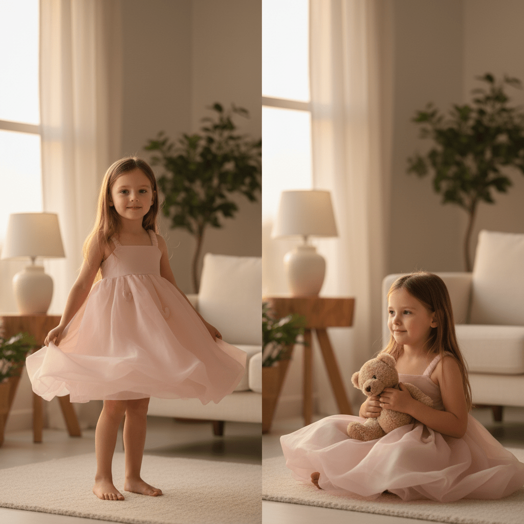 Two images of a young girl in a pink dress; one standing and one sitting with a teddy bear.