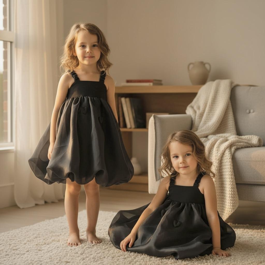 Two young girls in black dresses standing in a room with a couch and bookshelf.