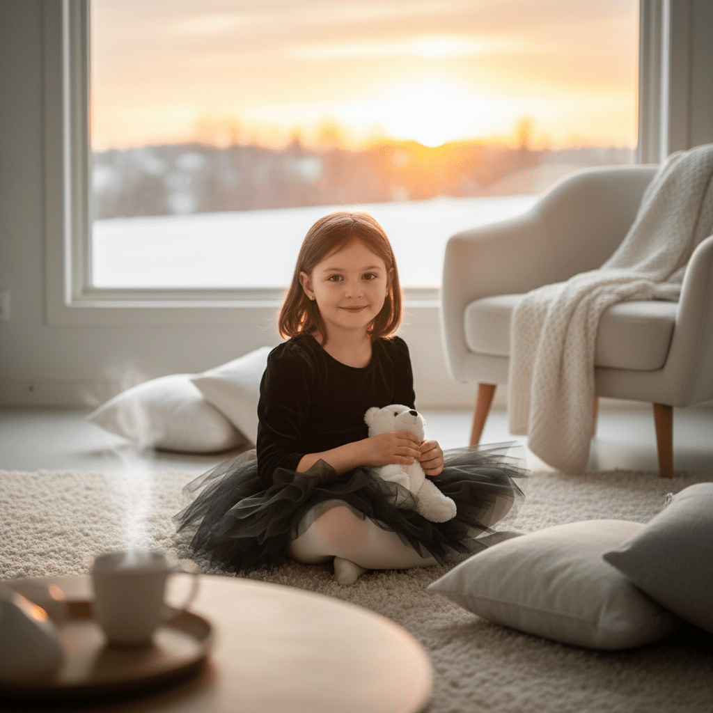 Young girl sitting on the floor holding a teddy bear in a cozy living room with a sunset view.