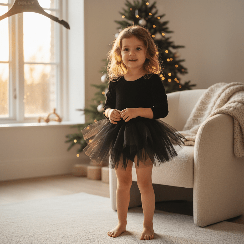 Young girl in a black dress standing in a room with a Christmas tree in the background