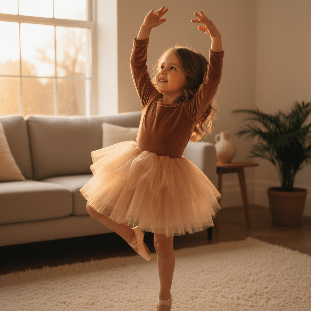 Young girl in a brown top and beige tutu dancing in a living room.
