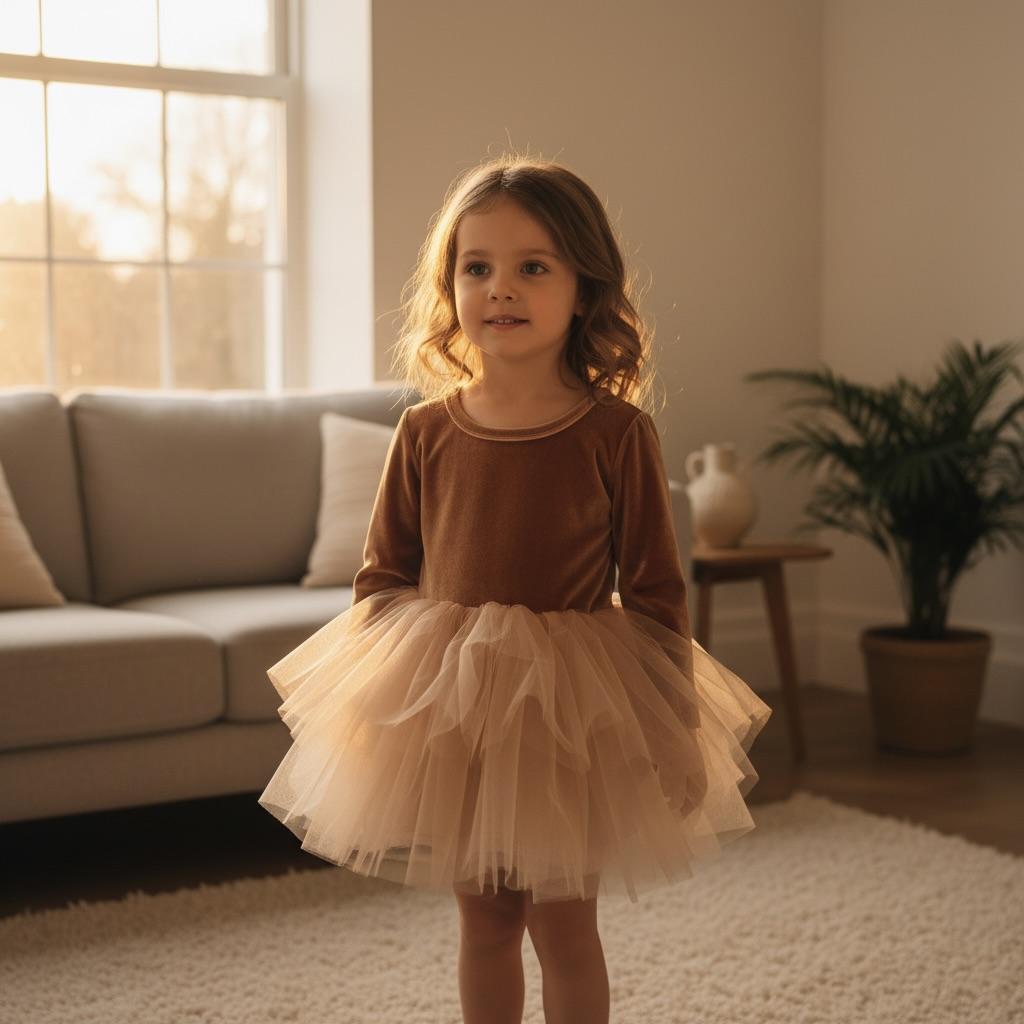 Young girl in a brown top and beige tutu dress standing in a living room.