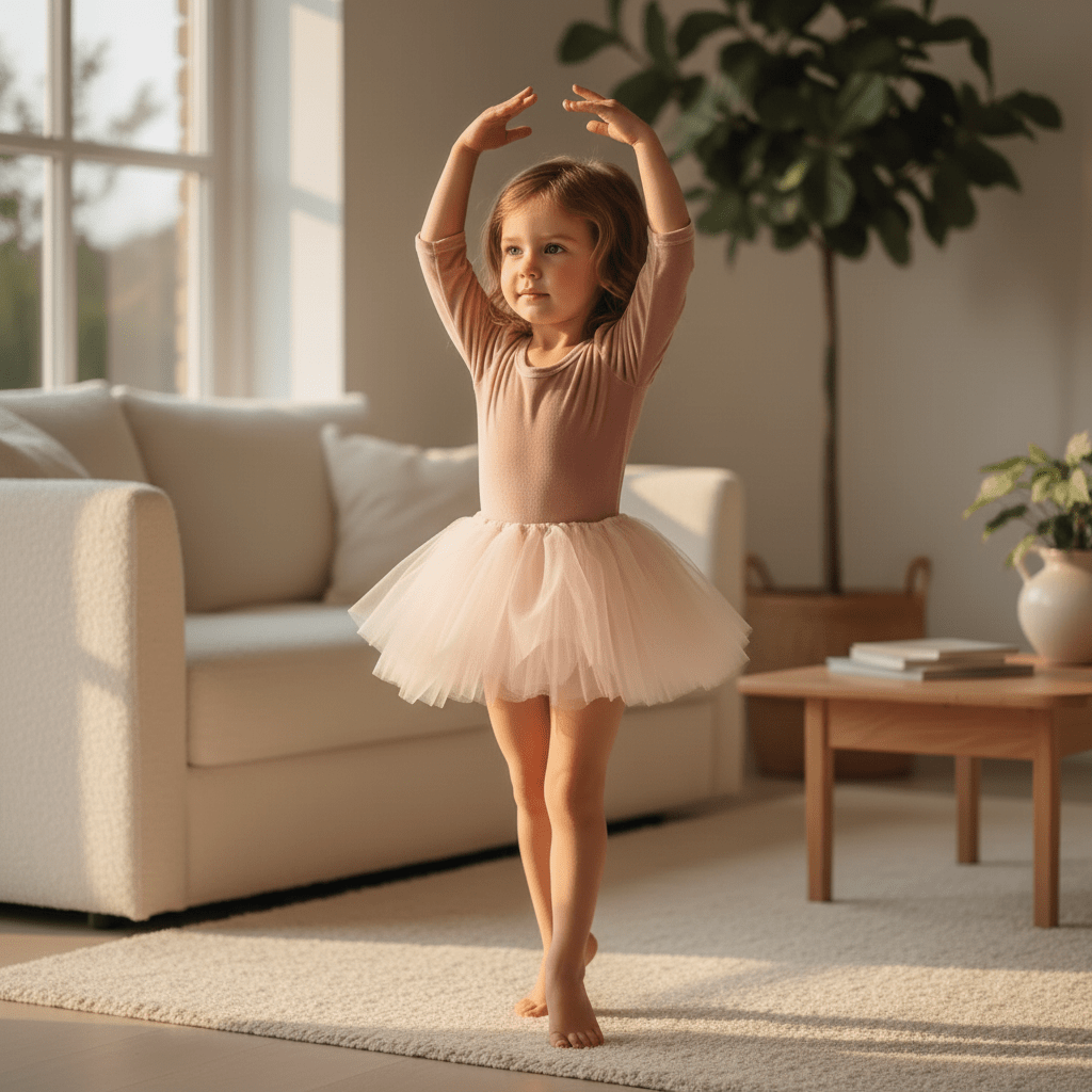 Young girl in a ballet outfit practicing in a living room.