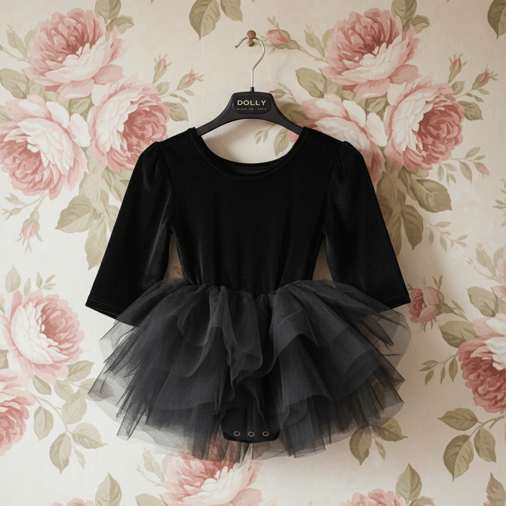 Black tutu dress on a hanger against a floral wallpaper background