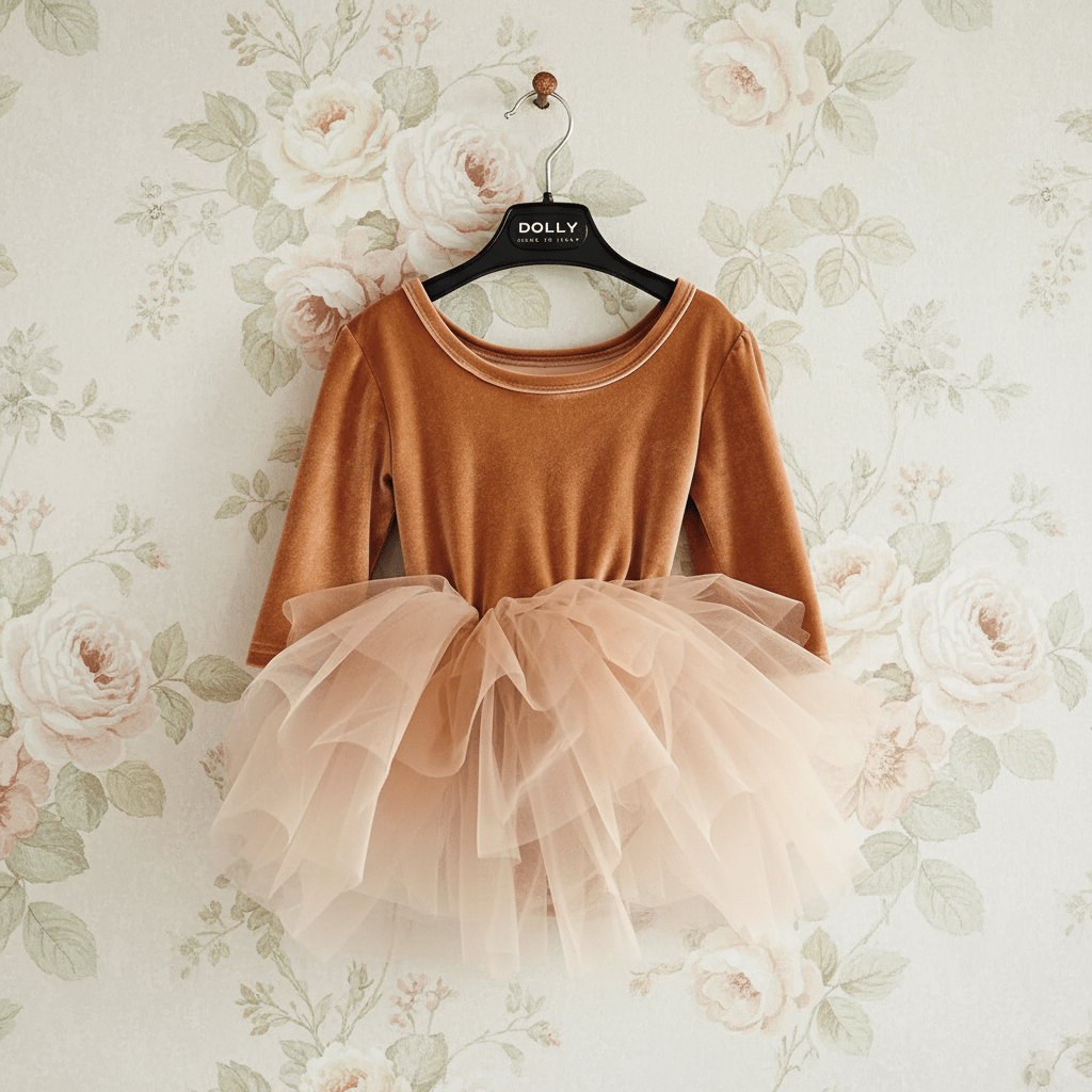 Brown dress with a tulle skirt on a hanger against a floral wallpaper background