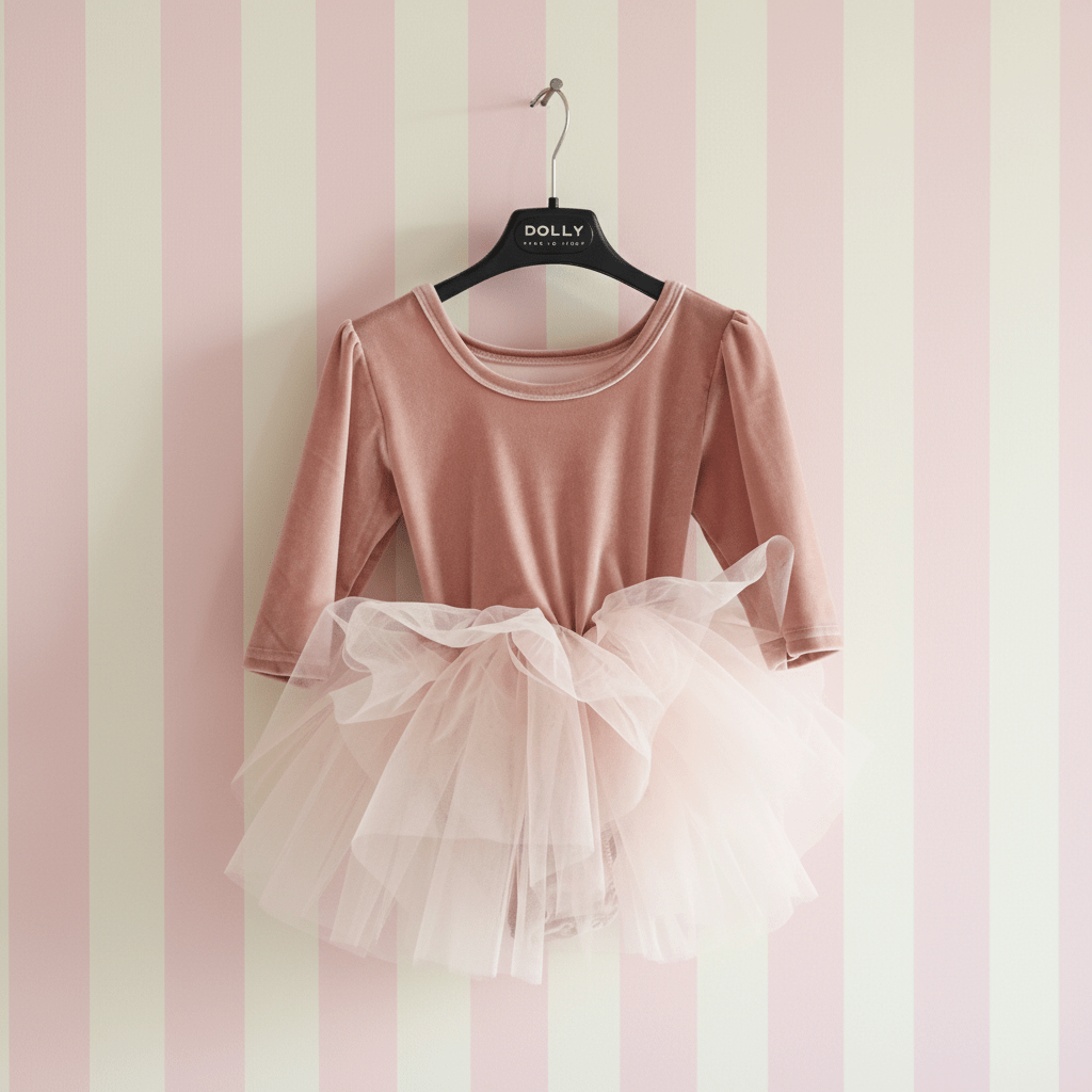 Pink dress with a tulle skirt hanging on a hanger against a striped wall.