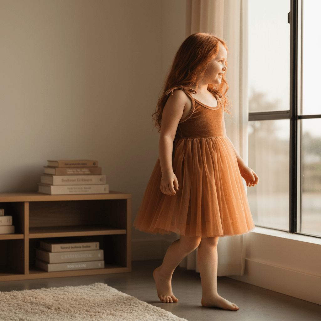 velvet dress caramel worn by a little girl