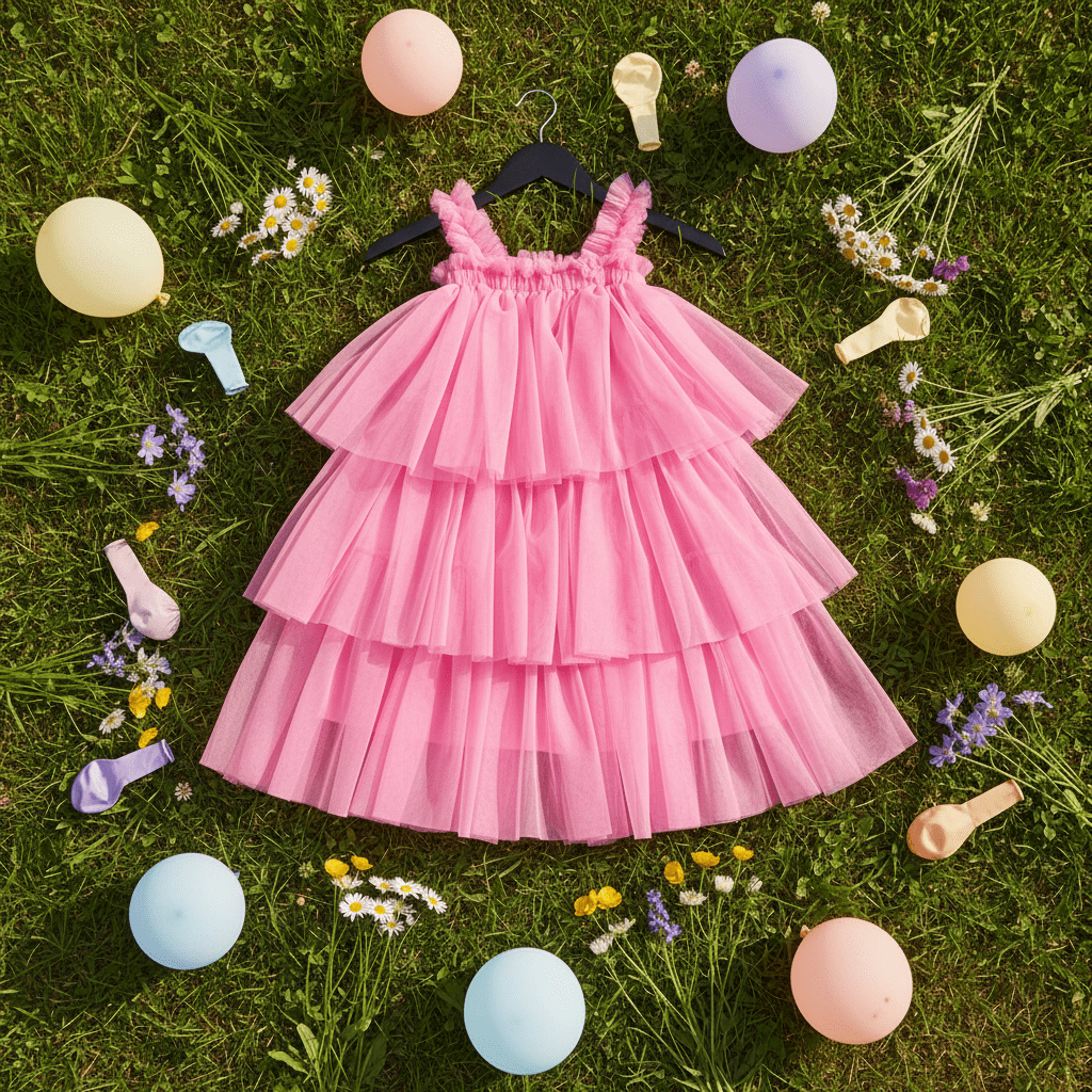 Pink dress on a grassy background with balloons and flowers
