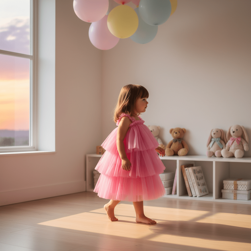 Child in a pink dress standing in a room with colorful balloons and teddy bears on shelves.