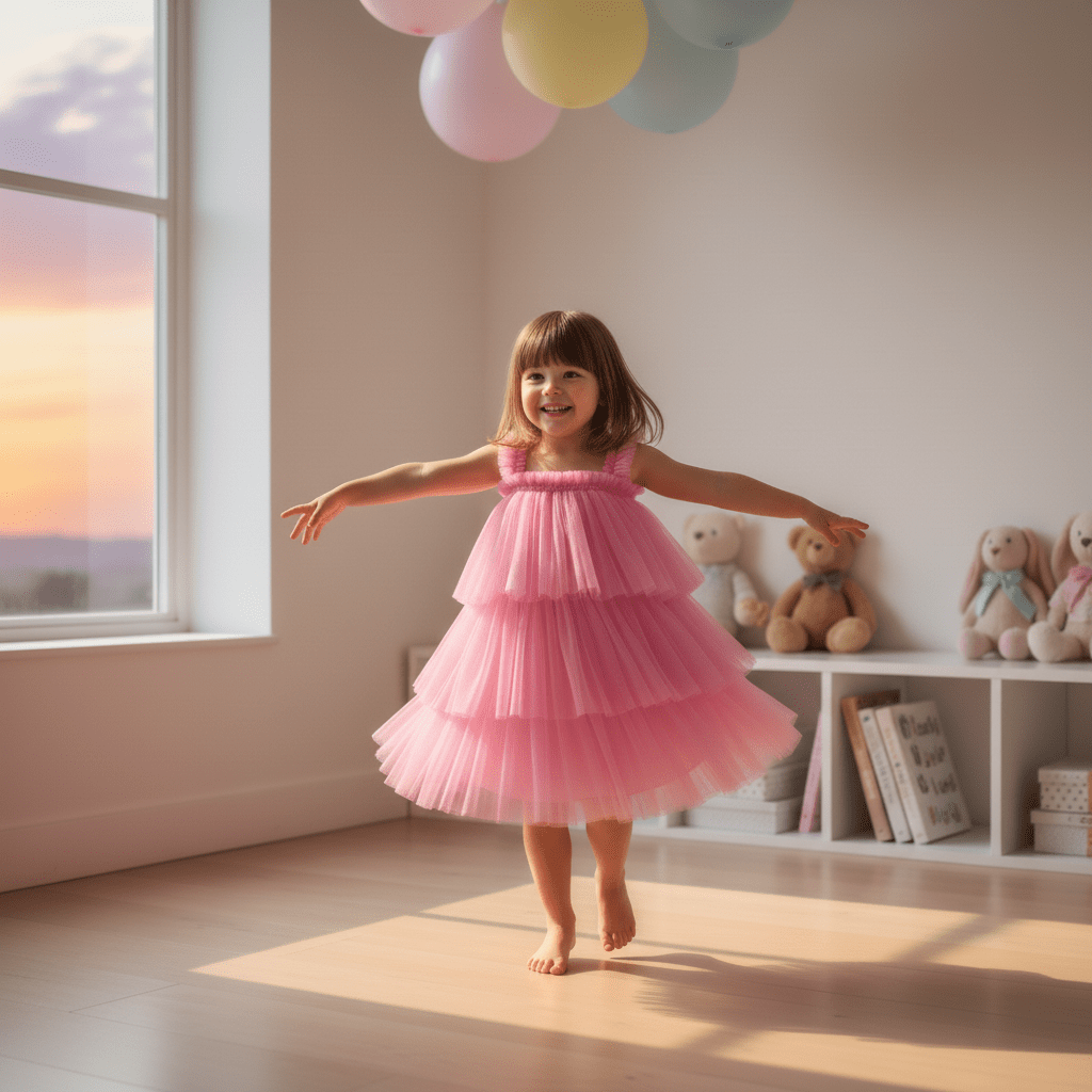 Young girl in a pink dress standing in a room with colorful balloons and teddy bears.